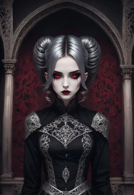 Gothic style Gothic style beautiful woman, solo, full body <lora:xl_mega_twin_drills-1.0:0.8> . Dark, mysterious, haunting, dramatic, ornate, detailed . Dark, mysterious, haunting, dramatic, ornate, detailed, silver hair, red eyes, piercing, dark makeup