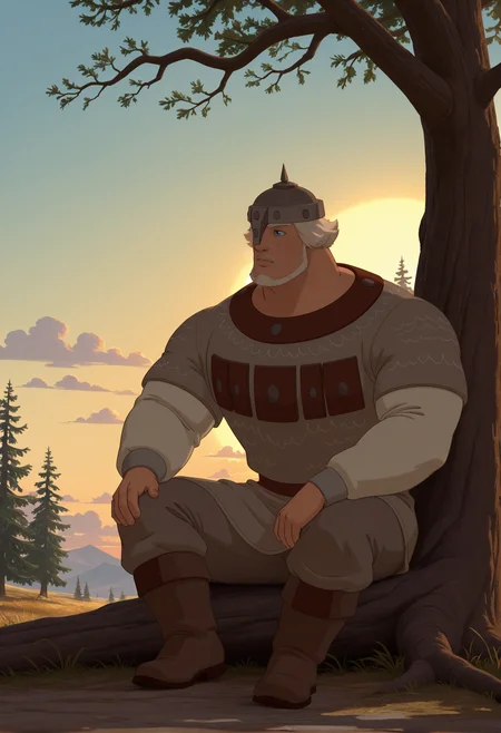 golden hour shot of concept art masterpiece, best quality, absurdres
 <lora:dobri:1>dobriba, 1boy, solo, male focus, armor, facial hair,  tree, beard, boots, helmet, blue eyes, sky, day, cloud, outdoors, sitting, muscular
 <lora:noobai_vpred_1_masterpieces_v23:0.7> masterpiece, best quality, very aesthetic . digital artwork, illustrative, painterly, matte painting, highly detailed. Warm light, sunset/sunrise, magical, serene