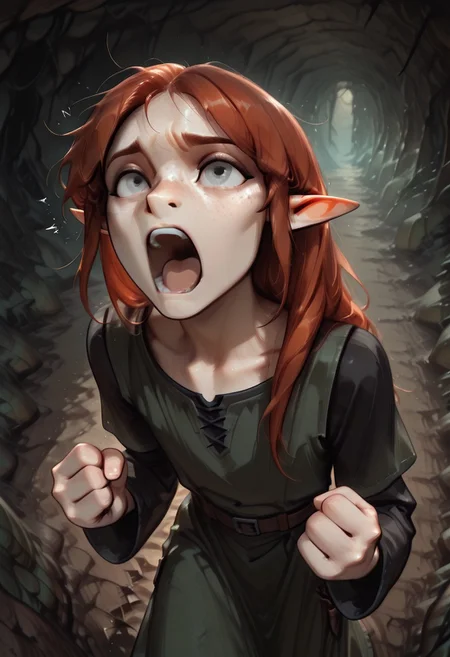 1person, solo, Lapanya, Malgha, freckles, pointy ears, Long-sleeve black shirt, green tunic,
Close up, looking upward, high angle, open mouth, shouting, frustrated, clenched fists,
Underground, organic cavern,
Masterpiece, high quality, highly detailed, perfect eyes,