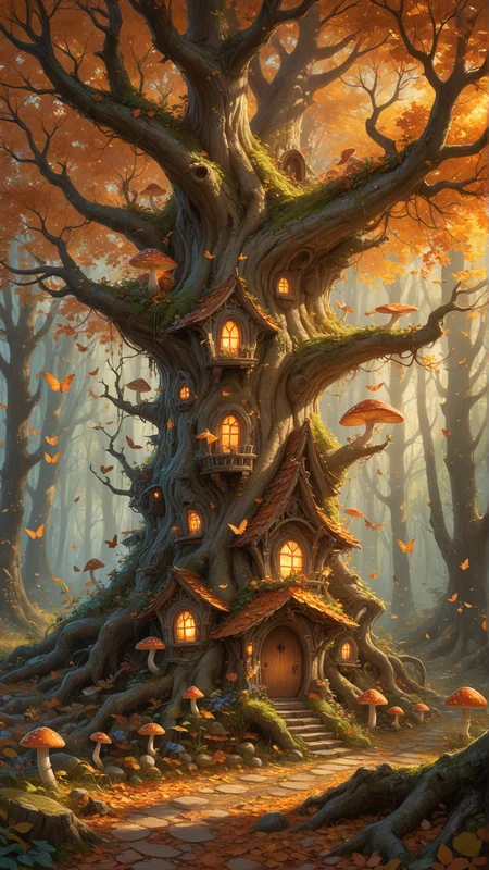 Fantasy painting of a whimsical, hollowed-out tree home to a group of mischievous fairies, Autumn setting, Falling leaves in a silent ballet, Vibrant orange, red, and yellow leaves, Soft sunbeams filtering through the leaves, Glowing mushrooms and toadstools, Magical atmosphere, Enchanted forest, Twinkling fairy lights, Intricate details, Warm color palette, Glowing aura around fairies, Playful expressions, Gentle smiles, Wide-eyed wonder, Engrossed in play, Crisp cool air, Serene and calming, Beautiful image, High quality, High resolution, Digital painting, Artstation, Concept art, Illustration, Artbook, Wallpaper, Promo art, Dramatic lighting, Vibrant colors, Dappled light, Shimmering wings, Whimsy, Detailed, Enchanting, Magical, Dreamlike, Captivating <lora:add-detail-xl:1>, (Masterpiece:1.3) (best quality:1.2) (high quality:1.1)