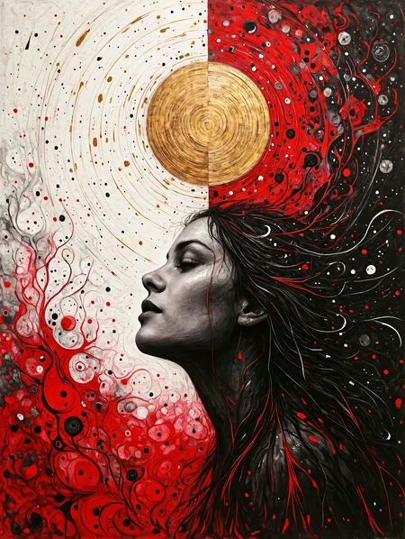 an abstract painting of a seductress,glowing energy,split sky between sunny day and deep space at night,details in charcoal and cross hatching with random flecks of color,red,black,gold and white,