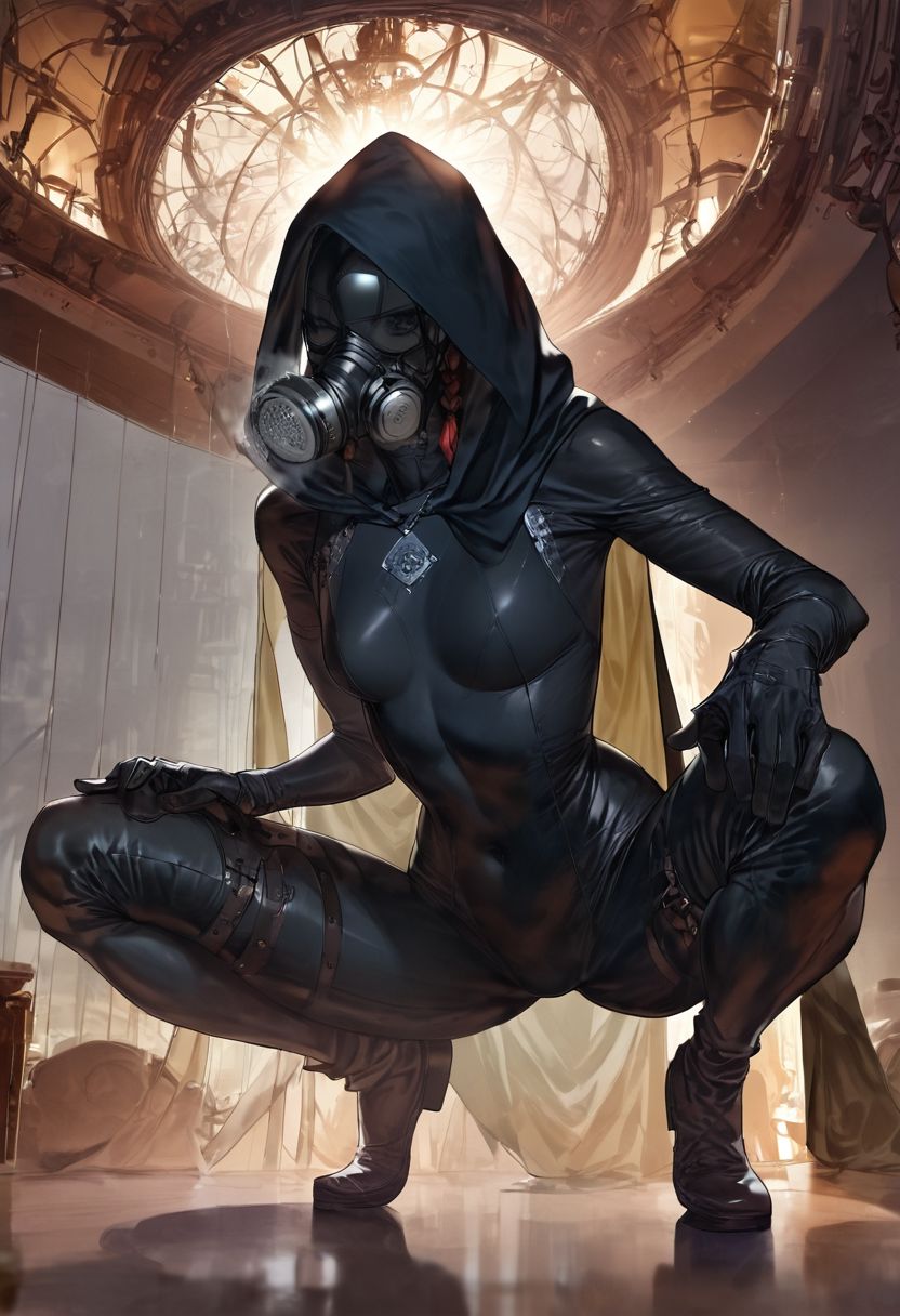 score_9, score_8_up, score_7_up, score_6_up, score_5_up, score_4_up,  1girl, black hair, braided, black eyes, (((night)), cinematic lighting, dramatic angle, solo, flat breasts, thighs, (((((((transparent black bodysuit)))))), (((((transparent gas mask))))), ((((flat  chest)))), ((hard nipple)), (((sweat))), (((heavy breath))), ((((transparent black hood))), (((transparent black cape)))), (((black dress))), (((((((crouched on very high Ceiling))))))), (((((((from behind view))))))), (((((((hand crouched on very high Ceiling)))))))