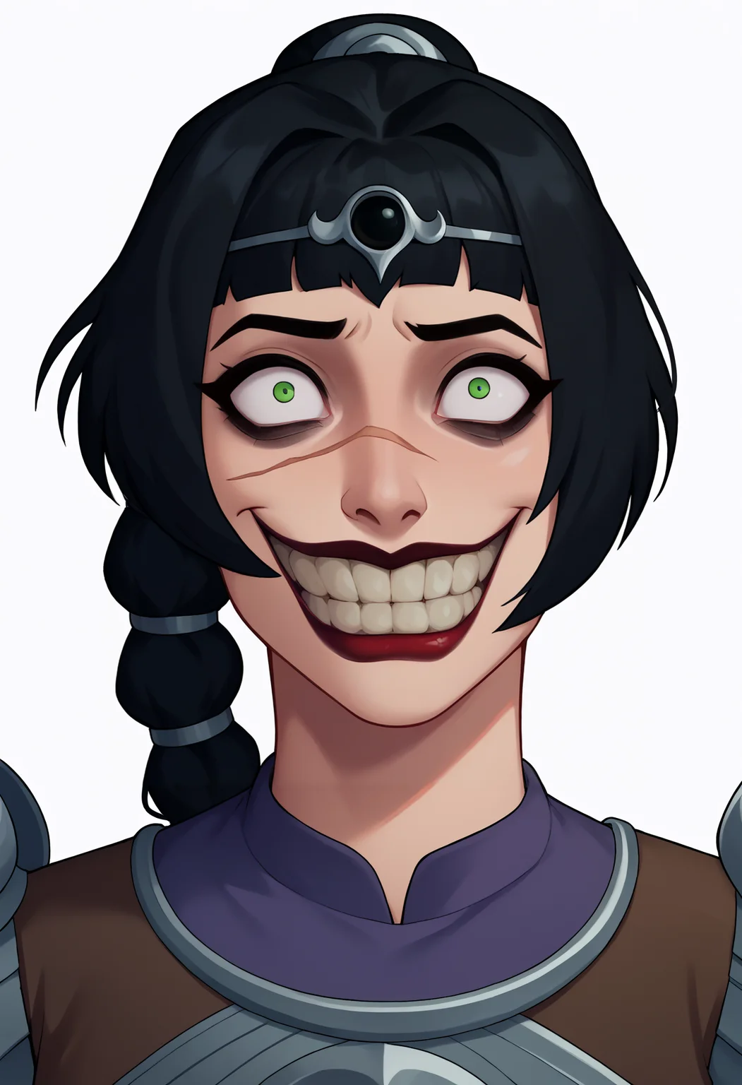 score_9, score_8_up, score_7_up, score_6_up, score_5_up, score_4_up, BREAK
jokerized, smile, grin, teeth, red lips, constricted pupils, crazy eyes,
1girl, solo, shadowheart, black hair, braided ponytail, green eyes, scar on face, circlet, looking at viewer, armor, pants,
arms behind back, standing, looking at viewer, white background <lora:ShadowHeartXL:1> <lora:JokerizedXL:1>