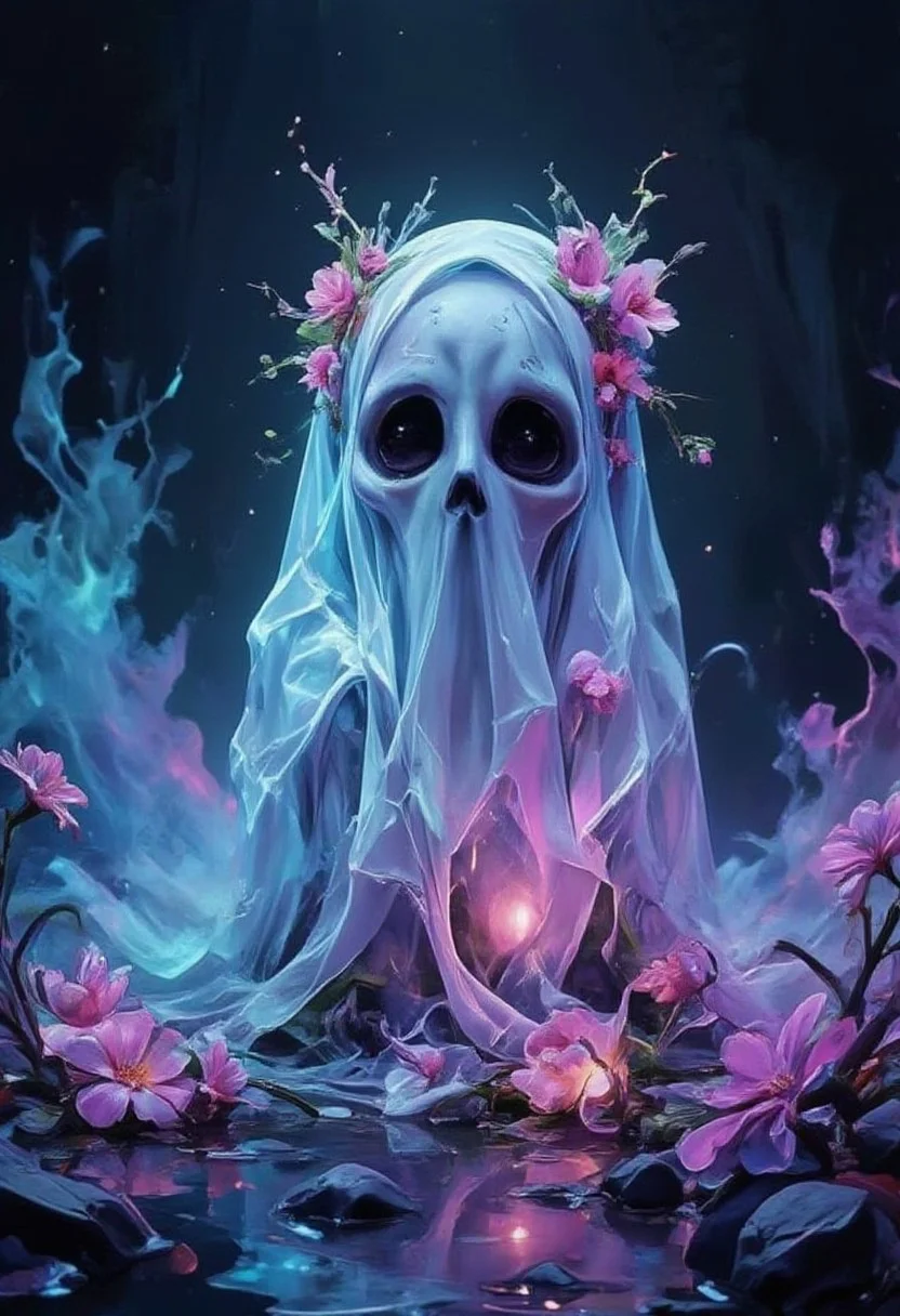 horror, monster, nightmare, fear, illustration, watercolor,
art by anne stokes,mandy disher, "highly detailed & intricate professional photography of an adorable friendly chibi ghost in a sheet composed of translucent
Electroluminescent jelly; wearing flowers like the 1970s; Abstract concept art; 8k resolution; a trending masterpiece on Artstation; Captured in vivid triadic colors using
Unreal Engine 5 and Octane for CG Society, the image is a surreal feast for the eyes", luminism, ultra highly detailed, 32 k, complex background, dynamic lighting, lights,
digital painting, intricated pose, highly detailed intricated