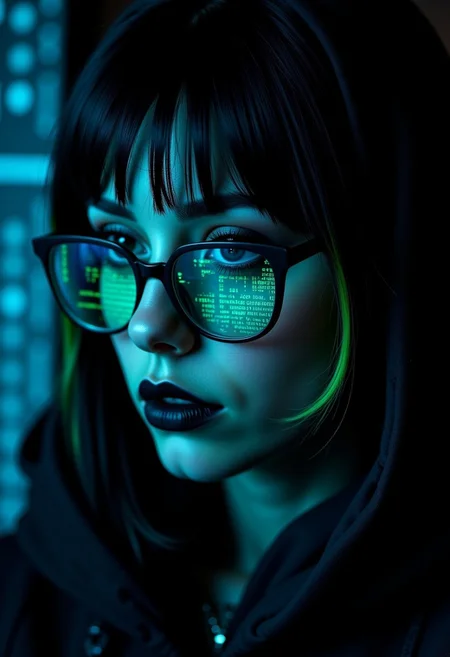 Incredible background, extreme closeup of Stunning female cyberpunk hacker, straight-cut two-tone hair, black with neon green highlights pop culture glasses, dark eye-shadow, black lipstick, looking at an unseen computer screen, her glasses reflecting neon blue mirrored, reversed ASCII analog text on a black background, Perfect Composition, realistic photographic image, RAW photo highest quality, perfect directional lighting, incredible cover photo, best background