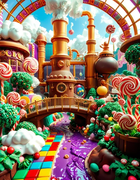 A whimsical and magical photo of Willy Wonkaâs Chocolate Factory. The scene captures the exterior of the factory, featuring a towering, fantastical building with colorful, crooked chimneys puffing out clouds of candy-scented steam. The walls are made of vibrant bricks in shades of purple, gold, and red, with intricate candy-inspired patterns carved into the structure. A large, ornate gate made of swirling lollipop shapes stands at the front, with the name "Willy Wonka" emblazoned in gold letters. Surrounding the factory is a lush, surreal landscape filled with oversized candy canes, gumdrop bushes, chocolate rivers, and trees made of cotton candy. The sky is bright and cheerful, with fluffy clouds that resemble whipped cream. The entire setting feels magical, playful, and inviting, full of bright, saturated colors and incredible, dreamlike details that spark the imagination.
<lora:SDXLFaeTastic2400:0.4> <lora:extremely_detailed:0.4> extremely detailed, <lora:Willy_W0nk4_chocolate_f4ct0ry:1>,Willy W0nk4 chocolate f4ct0ry, Masterpiece,best quality,hi res,8k,hi res,8k,award winning,(sharp focus, intricate, highly detailed),