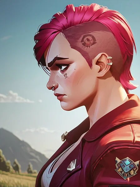 score_9, score_8_up, score_7_up, vi, a woman with pink hair and a red shirt, 1girl, solo, breasts, red hair, necktie, from side, red jacket, nose piercing, <lora:arcane_pony_v1-2_mx:0.95>