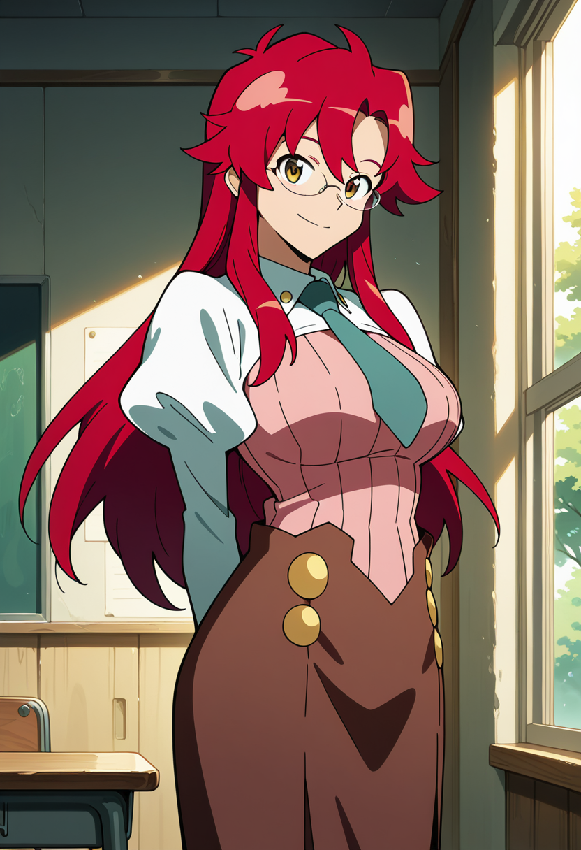 (masterwork, masterpiece, best quality, hyper-detailed :1.2), 
1 girl, solo,
gurren-yoko, yoko littner, red hair, long hair,
yoko-teacher, shrug \(clothing\), long sleeves, white sleeves, pink shirt, teacher, glasses, bespectacled, aged up, necktie, hair down, skirt, long skirt, brown skirt, alternate hairstyle, puffy sleeves,
classroom, window, trees, standing, looking at viewer, smile, hands behind back,
