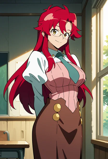 (masterwork, masterpiece, best quality, hyper-detailed :1.2),
1 girl, solo,
gurren-yoko, yoko littner, red hair, long hair,
yoko-teacher, shrug \(clothing\), long sleeves, white sleeves, pink shirt, teacher, glasses, bespectacled, aged up, necktie, hair down, skirt, long skirt, brown skirt, alternate hairstyle, puffy sleeves,
classroom, window, trees, standing, looking at viewer, smile, hands behind back,