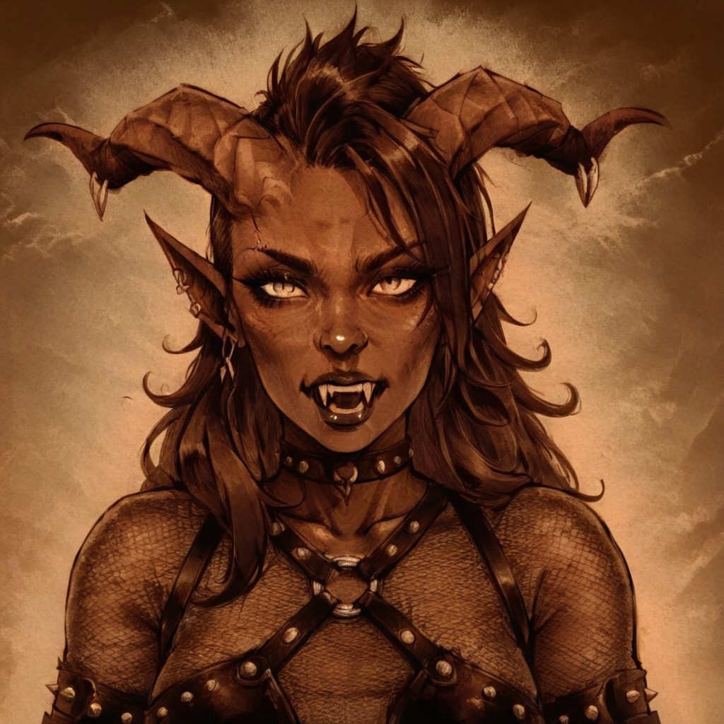 masterpiece, best quality, newest, absurdres, highres, D3CSPS-V1.0, brown theme, sepia, monochrome, 1girl,  tiefling, fangs, choppy mohawk, choker, fishnet shirt, studded harness