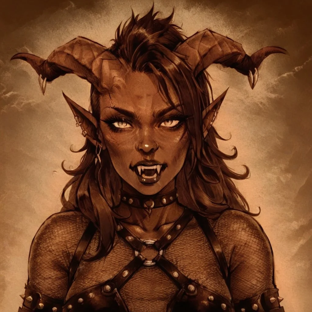 masterpiece, best quality, newest, absurdres, highres, D3CSPS-V1.0, brown theme, sepia, monochrome, 1girl, tiefling, fangs, choppy mohawk, choker, fishnet shirt, studded harness