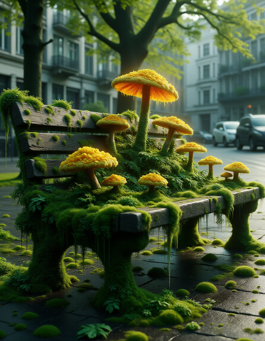 A park bench in the middle of a quiet street, completely engulfed by glowing, colorful mushrooms and creeping ivy. The wooden slats are cracked, but soft, glowing ferns have pushed through, creating a cushioned seat of greenery. Ral-ovrgrwth, a bright flower growing in the center of the bench, spreads its petals wide, casting warm light around it, inviting the surrounding flora to thrive in its glow as the bench becomes part of the earth again.
<lora:ral-ovrgrwth-flux:1>