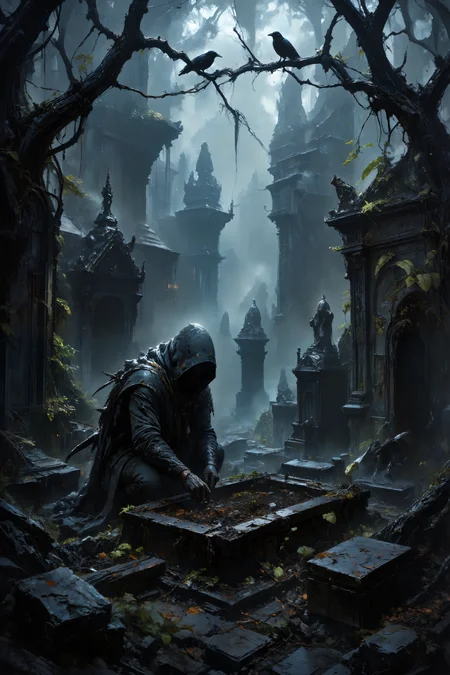 An ancient cemetery hidden deep within a fog-shrouded valley, where old, weathered gravestones protrude from the ground at odd angles. The air is thick with the scent of damp earth and decaying leaves. In the center of the cemetery, a tall, cloaked figure kneels beside an open grave, examining the disturbed soil. The only sound is the distant croak of ravens perched on twisted branches overhead. Suddenly, a chill runs through the air, and ghostly whispers rise from the darkness, as shadowy figures begin to emerge from behind the gravestones.<lora:FLUX-daubrez-DB4RZ-v2:0.6> <lora:artisketchyfs-v02:0.75> <lora:aidmaFLUXpro1.1:0.7> <lora:aidmaHyperRealismV0.2:0.4> <lora:Shattered_Void:0.62> <lora:MysticFantasy:0.4> <lora:Magic of Art (FLUX):0.4> <lora:HORROR_lora.TA_trained:0.8> <lora:lorafy_detail_enhancer:0.7>