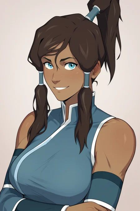score_9, score_8_up, score_7_up, BREAK, <lora:cummybender-guy-PONYv1:1>, 1girl, solo, long hair, breasts, looking at viewer, smile, blue eyes, large breasts, brown hair, bare shoulders, upper body, ponytail, detached sleeves, wide sleeves, hair tubes, korra,