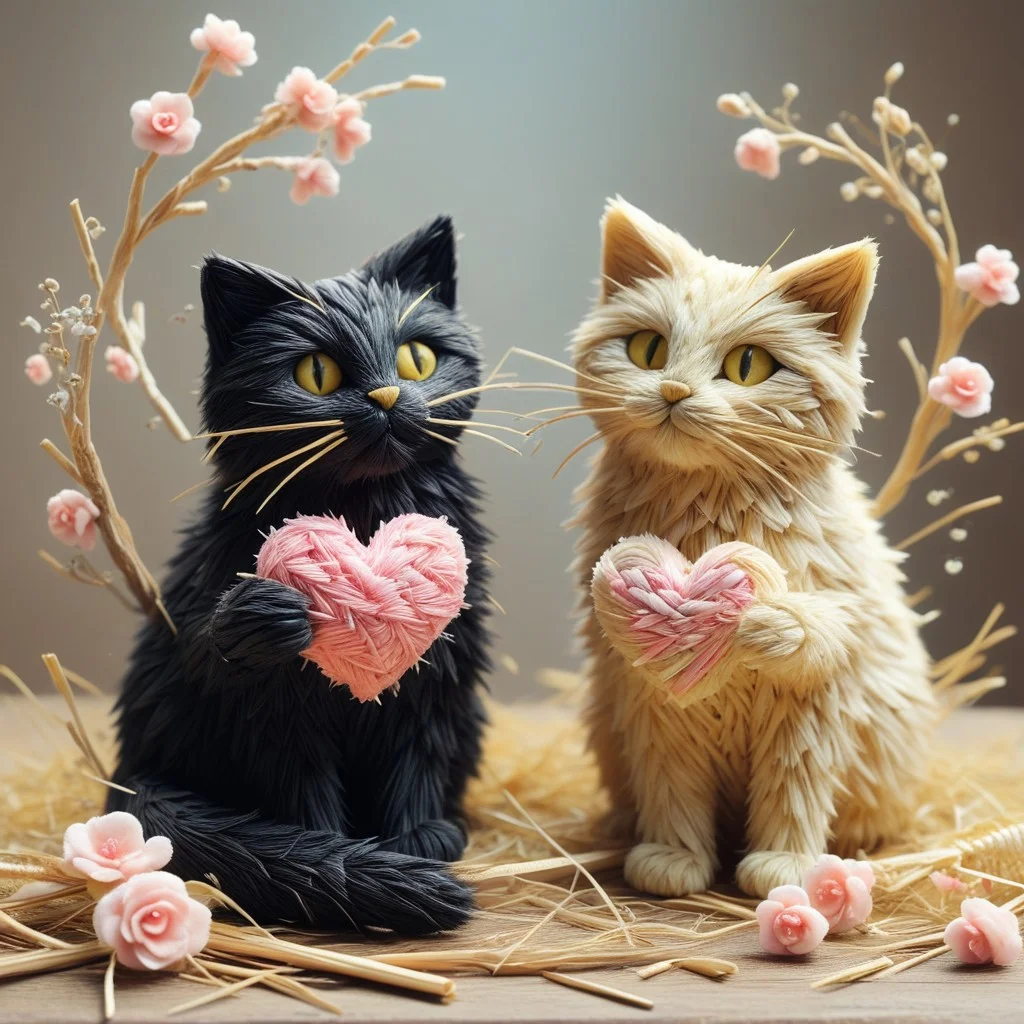 masterpiece, best quality, absurdres, cats made of Straw sitting on a tree branch, facing each other in an intimate and harmonious pose. The left cat is black, while the right cat is white, creating a striking contrast. They are surrounded by delicate, blooming branches with small flowers, adding a serene and romantic atmosphere. The background is softly blurred, focusing the viewer's attention on the cats and their interaction. The lighting is soft, emphasizing the texture of their fur and the gentle ambiance of the scene. pink heart in front of them, ((everything made out of Straw))