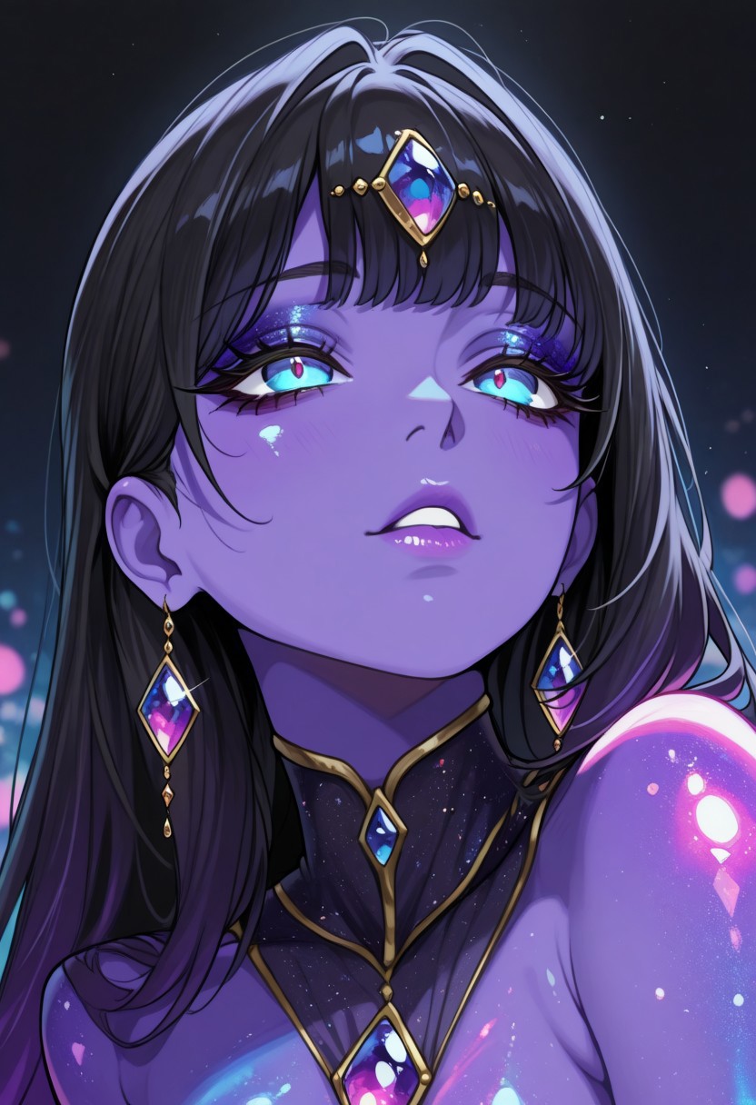 PSC0DLIK_STL, masterpiece, best quality, very aesthetic, high resolution, ultra-detailed, absurdres, newest, perfect lighting, hi res, amazing quality, very awa, psc0dlik_stl, 1girl, solo, colored skin, colorful, gem, purple skin, eyelashes, glowing, jewelry, black hair, blue eyes, makeup, lips, blurry, from side