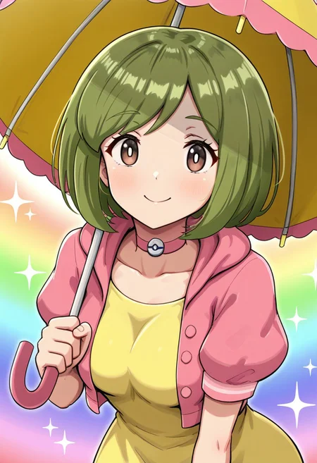 hinosaki, [[pokemoa, gonzarez]],2d, masterpiece, best quality, amazing quality, 1girl, solo, close-up, standing, smile, upper body, leaning_forward, looking at viewer, multicolored background, sparkle, rainbow background, colorful background, parasolbdsp, green hair, short hair, bangs, brown eyes, white pupils, choker,  yellow dress, pink jacket, open jacket, puffy short sleeves, holding umbrella, parasol