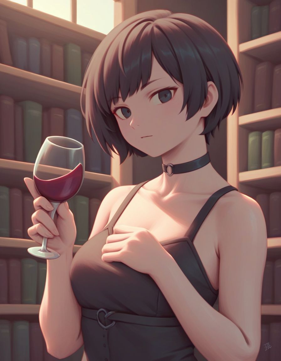 score_9,score_8_up,score_7_up, BREAK  (by mmb:1.2) painting \(medium\), 1girl,  gothic,  pale skin,  black hair,  very short hair,  black eyes, black choker,  at a library, solo,  upper body,  holding wine glass,  looking at viewer,