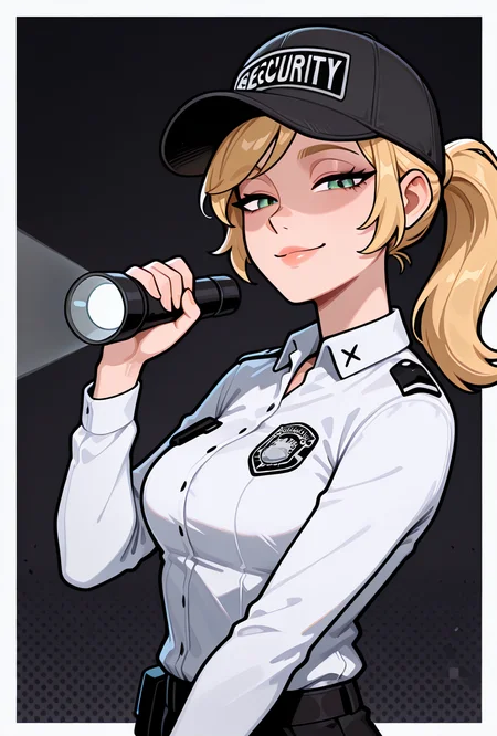,  <lora:vanessafnaf-09:1> vanessafnaf, 1girl, blonde hair, black baseball cap, solo, white shirt, ponytail, uniform, long hair, collared shirt, black pants, green eyes, long sleeves, lips, looking at viewer, smile, half closed eyes, pose, flashlight, walkie talkie, dark gray background,, masterpiece, best quality, amazing quality, very aesthetic, absurdres, newest,, upper body, halftone effect, white borders, abstract background:1.2,