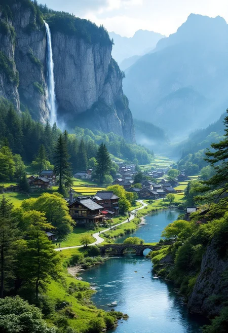 a peacefull medieval Japanese town on a river with a dence forest laying under mountain cliffs. waterfalls comming from the mountains over the cliffs and into the Japanese town. farm fields surrounding the Japanese town landscape. Japanese town between mountain cliffs laying in a valley with a small lake close to the Japanese town