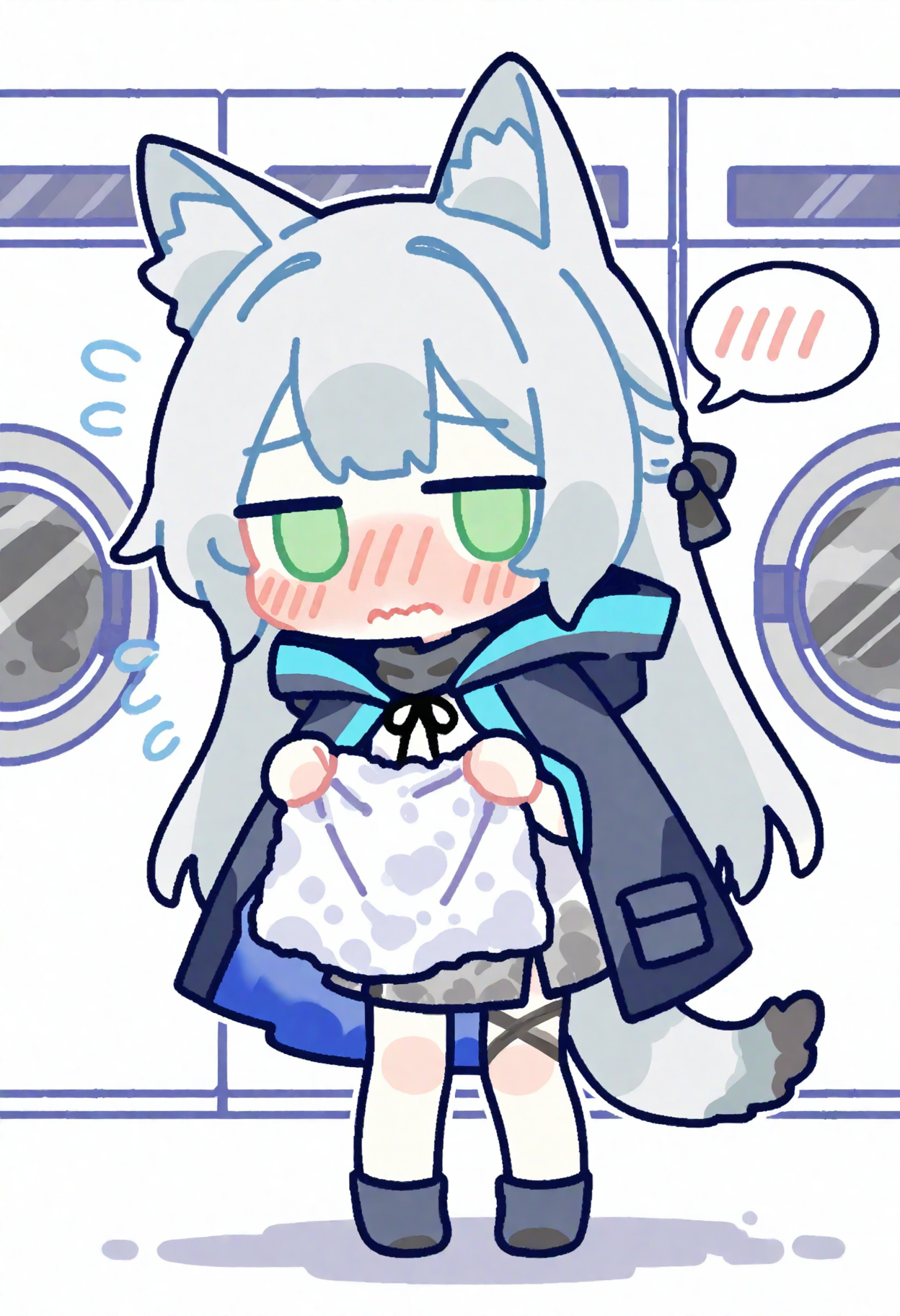 E_0x0194_type1, 
rosmontis \(arknights\), 1girl, solo, long hair, blush, holding, animal ears, tail, grey hair, hood, cat ears, chibi, animal ear fluff, cat tail, embarrassed, flying sweatdrops, cat girl, cloak, holding clothes, spoken blush, washing machine, green eyes, wavy mouth, full body, grey skirt,
, masterpiece, best quality, good quality,
<lora:ai_styles_collection_noob_vpred-1.0-v5:1>
