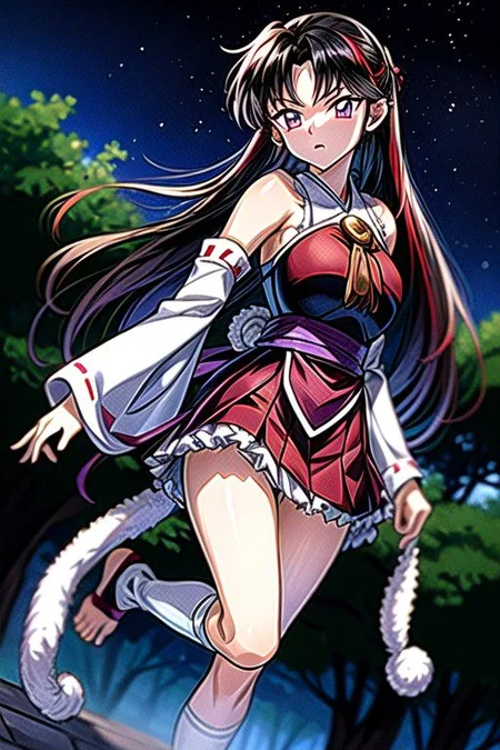 masterpiece, best quality 1girl Setsun4 solo long hair, (night time) forest background black hair very long hair purple eyes multicolored hair armor (fur trim) (medium body),<lora:EMS-179-EMS:0.800000>,<lora:EMS-293862-EMS:0.800000>ascot, bare shoulders, black footwear, detached sleeves, embellished costume, frills, japanese clothes, nontraditional miko, red skirt, sandals, sarashi, skirt, socks, white sleeves, white socks, wide sleeves, yellow ascot, zouri, armor, miko