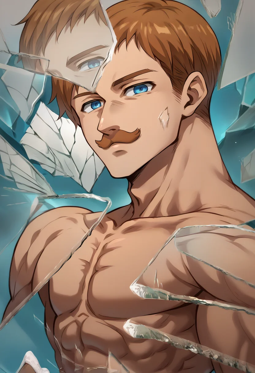 score_9, score_8_up, score_7_up, source_anime, 1boy, solo, Escanor, muscular, short hair, brown hair, mustache, blue eyes, topless male, IncrsXLBrknGls, broken glass, reflection, upper body, <lora:BreakingGlassXLPDCAME:1>, <lora:ChamEscanorPonyXL:1>