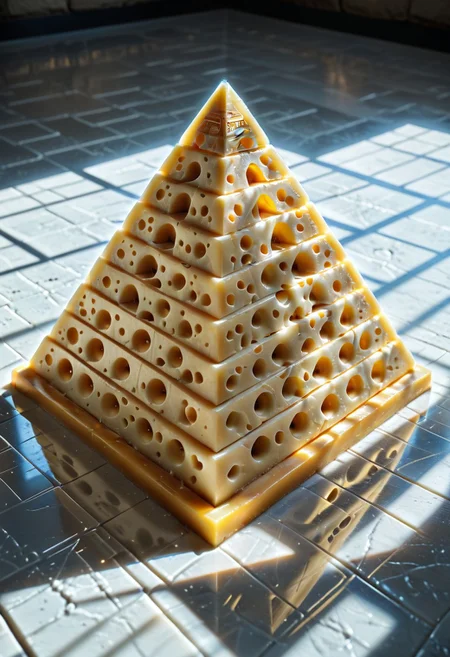 lazypos, Cheese style, pyramid made of cheese, reflective white floor,