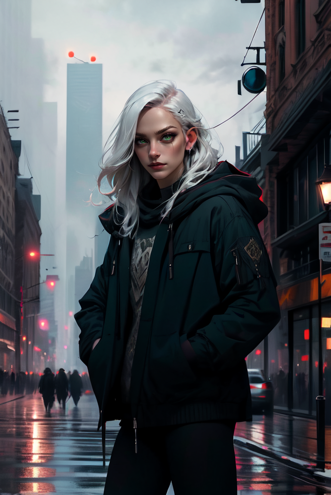(masterpiece, best quality, high quality, highres, ultra-detailed), city, scenery, night, building, sign, cityscape, pantyhose, skyscraper, street lights, 
solo, 1girl, snake eyes, green eyes, hood, long hair, white hair, looking at viewer, outdoors, hood down, hands in pockets, thighhighs, bangs, long sleeves, jacket, black thighhighs, 
<lyco:NijiJourney-LyCoris-V6:0.8>, AS-Adult, Asian-Less, OverallDetail, SkinHairDetail, <lora:slit-pupils:1>,