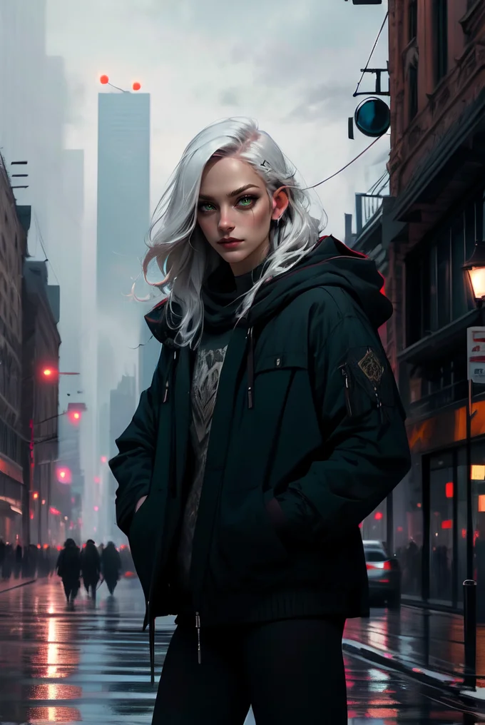 (masterpiece, best quality, high quality, highres, ultra-detailed), city, scenery, night, building, sign, cityscape, pantyhose, skyscraper, street lights,
solo, 1girl, snake eyes, green eyes, hood, long hair, white hair, looking at viewer, outdoors, hood down, hands in pockets, thighhighs, bangs, long sleeves, jacket, black thighhighs,
<lyco:NijiJourney-LyCoris-V6:0.8>, AS-Adult, Asian-Less, OverallDetail, SkinHairDetail, <lora:slit-pupils:1>,