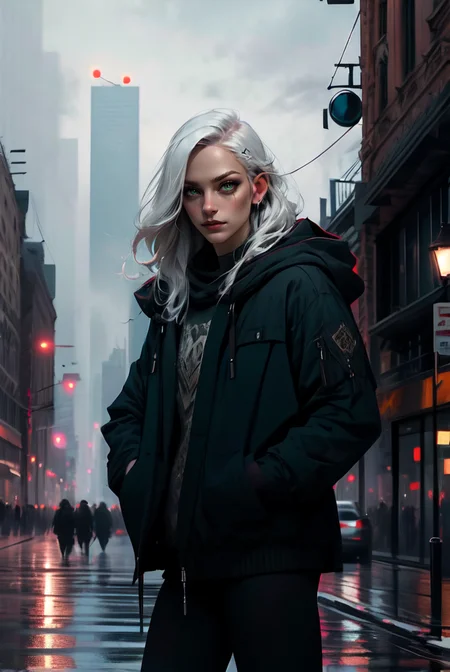 (masterpiece, best quality, high quality, highres, ultra-detailed), city, scenery, night, building, sign, cityscape, pantyhose, skyscraper, street lights,
solo, 1girl, snake eyes, green eyes, hood, long hair, white hair, looking at viewer, outdoors, hood down, hands in pockets, thighhighs, bangs, long sleeves, jacket, black thighhighs,
<lyco:NijiJourney-LyCoris-V6:0.8>, AS-Adult, Asian-Less, OverallDetail, SkinHairDetail, <lora:slit-pupils:1>,