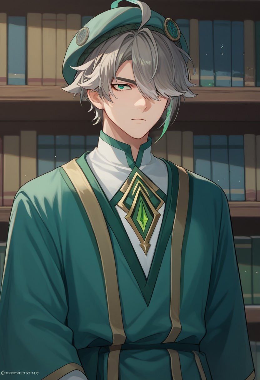 score_9, score_7_up, source_anime
Alhaitham, 1boy, male focus, solo, green eyes, grey hair, streaked hair, short hair, ahoge, swept bangs, hair over one eye, school uniform, hat, beret, green headwear, tunic, green tunic, long sleeves, wide sleeves,
indoor, library