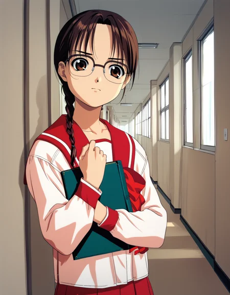 score_9,  score_8_up, score_7_up, <lora:to-heart-ponyxl:0.9> 1girl, solo, hoshina tomoko, over-rim eyewear, serafuku, single braid, annoyed, hallway, school, holding book, looking at viewer, indoors