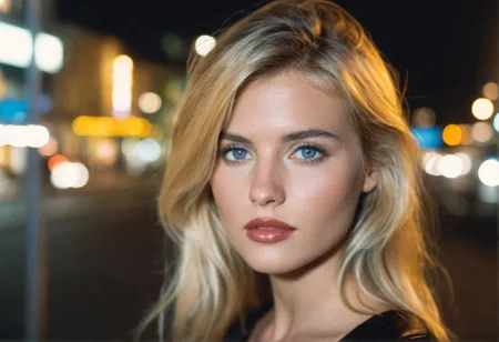 ((CinematicPortrait analog photo)) blonde woman outdoors, blue eyes, (glossy lipstick), (nighttime street lights bokeh), ((soft focus, depth of field, film grain, looking at viewer)) <lora:CinematicPortraitXL_v3:0.65>
