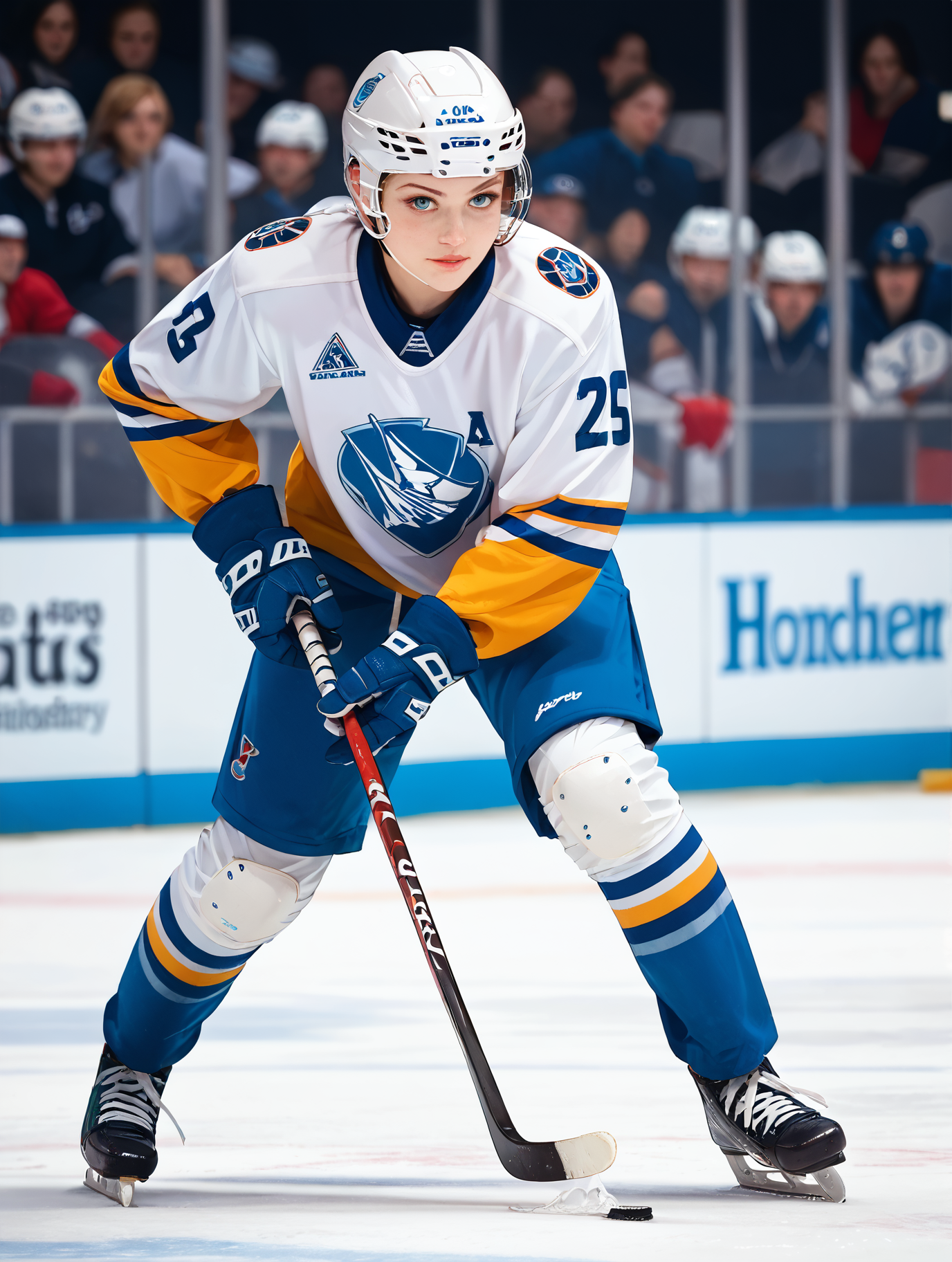 score_9, score_8_up, score_8. score_9, score_8_up, score_7_up, masterpiece, high quality, ice hockey, hockey stick, ice skates, hockey puck, solo, shirt, realistic, gloves, 1girl, jersey, jacket, shoes, pants, black footwear, blurry background, helmet,<lora:icehockey-000012:0.8>