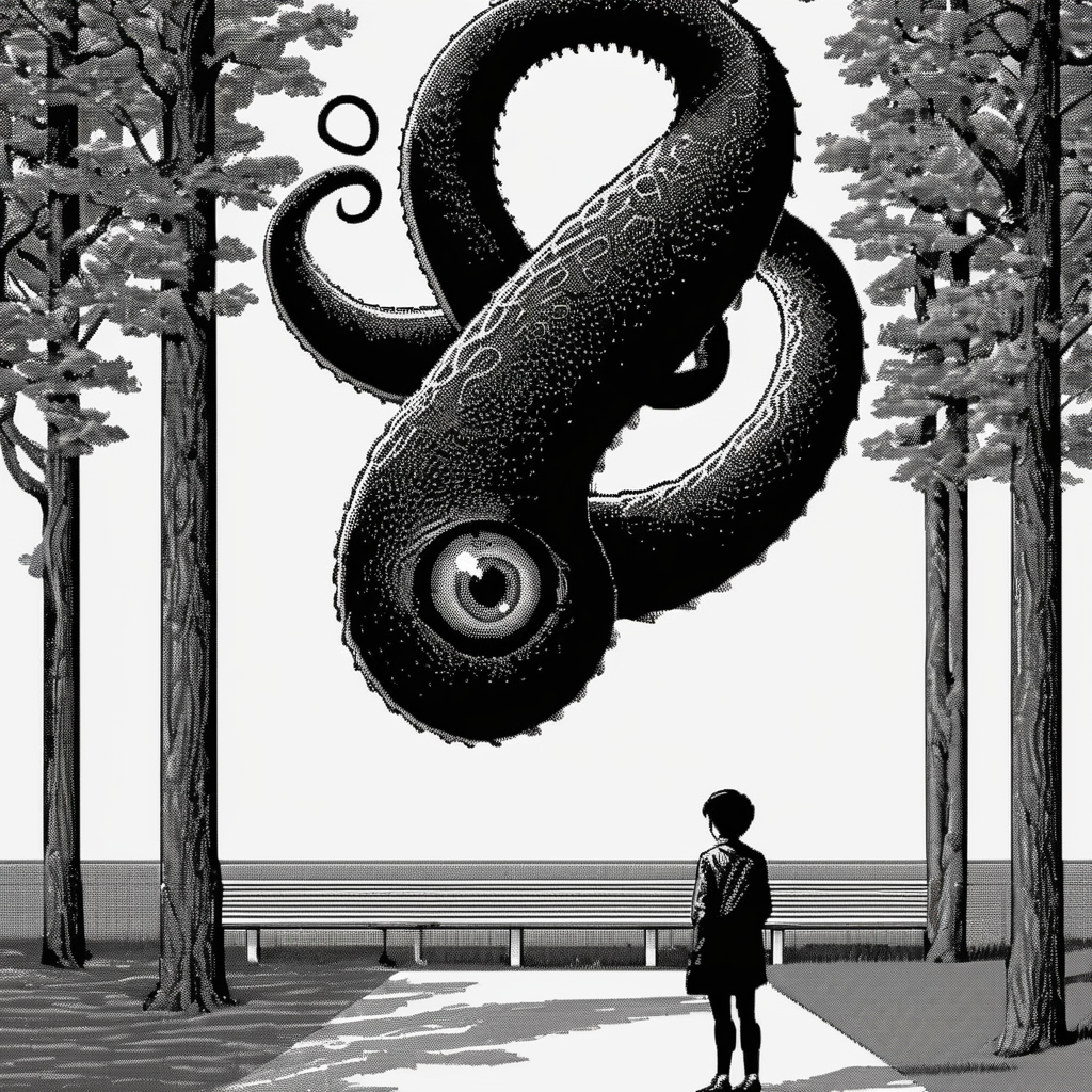 <lora:Macpaint-XL-000015:1>, Macpaint, black and white pixel image a tentacle monster with a giant eye scared of a chihuaha in the park, pixel art, best quality, 80s, minimalist,