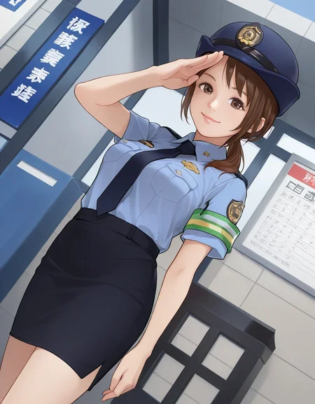 1girl , police, salute, pencil skirt, pencil skirt, smile, low ponytail, brown hair, woman hat, armband, dutch angle, police station,
<lora:redlight_style_illustrious_v3:.75>
