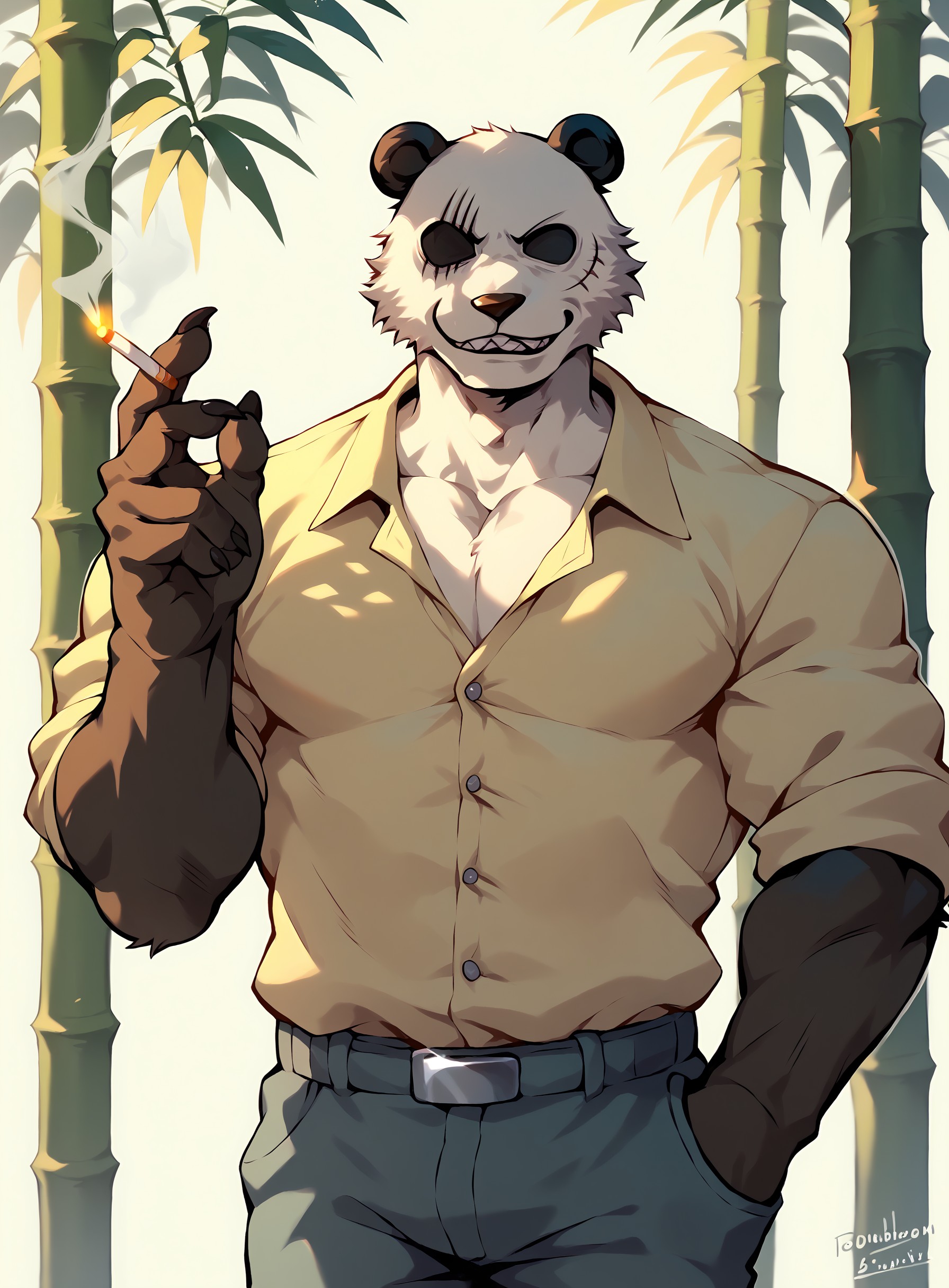score_9, score_8_up, score_7_up, <lora:Gouhin(Beastars)PonyXL:1>, anthro, male, muscular male, smile, solo, standing, gouhin (beastars), panda, cigarette, bamboo