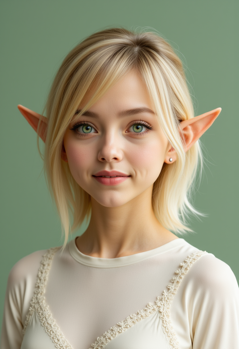 She is approximately 18 years old. Hyperrealism, she is looking at the camera, (dynamic angles), headshots of a beautiful, stunning unique female character.  she has blonde hair. her eyes are green and filled with joy and excitement, extravagant eyelashes, she has elf ears. a photo of a N1n@_SpQ, she is wearing a white frilly shirt. The woman is posing confidently. simple sage green colored background. She has a slight smile on her face and is looking directly at the camera. making this image a masterpiece of photography and digital art. realistic. making this image a masterpiece of photography and digital art. Style: realistic hyper-detailed rendering, 32k UHD, expressive eyes, punk, graphic design, girl's face, pretty and cute, gleaming lips, telling a tale of adventure. Exuding confidence and serenity. The overall mood of the image is happy and relaxed,detailed skin texture,(blush:0.2),(goosebumps:0.3),subsurface scattering,whimsical,Detailed hand, Perfect hand. Perfection style.