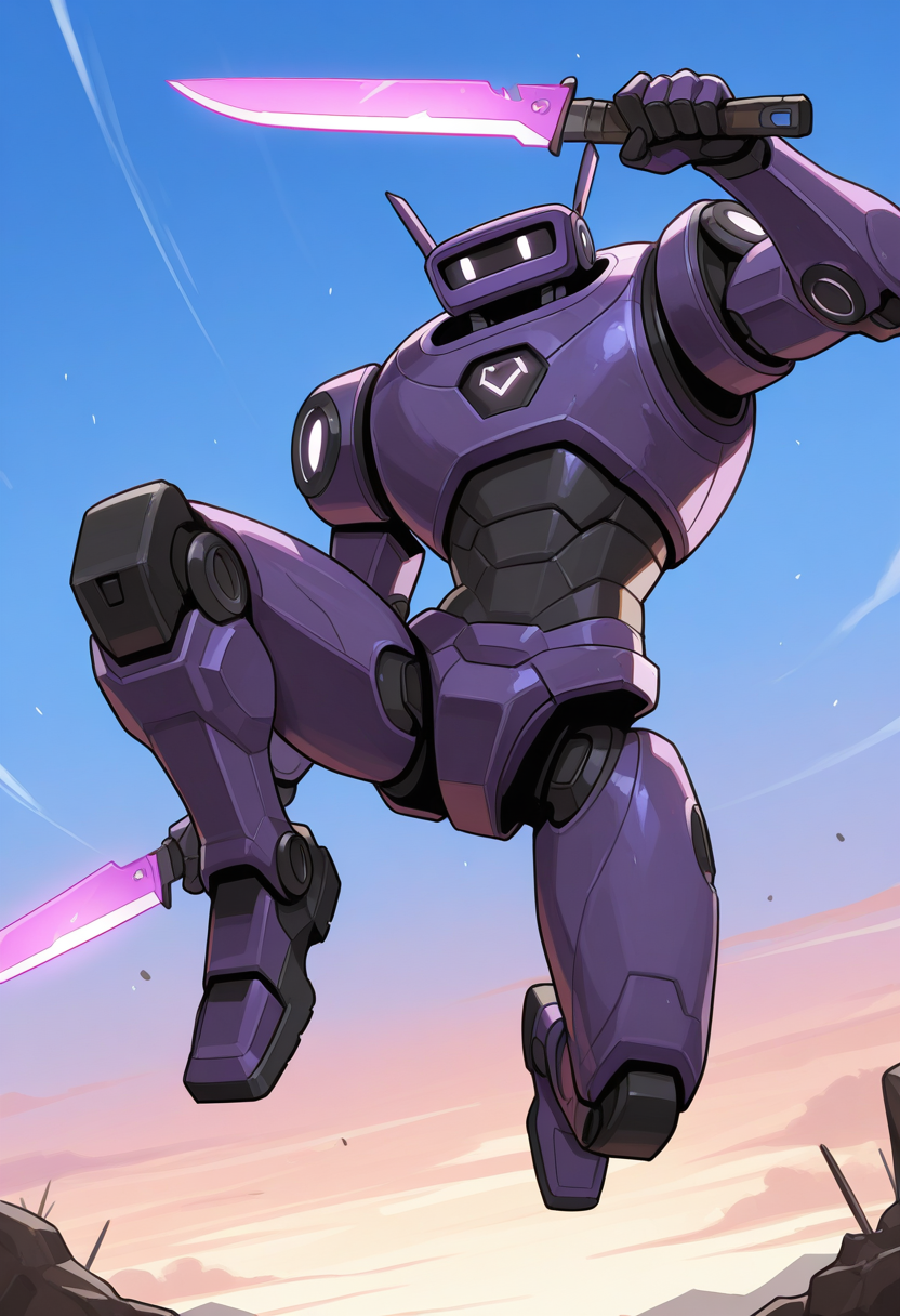 r0boquest, purple robot, solo, (action pose), jumping, dual wielding, holding knife, glowing knife, sky, looking ahead, one arm up,
(masterpiece), (best quality), (ultra-detailed)