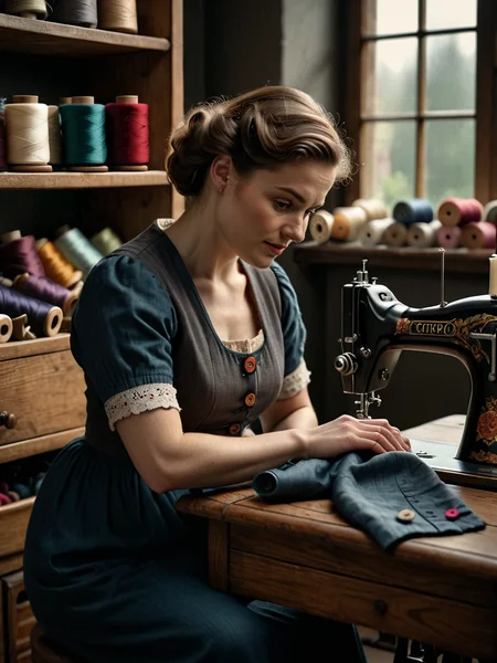 character photo portrait, Diagonals, Dynamic Lines, (Energetic Composition:0.46), simple background, chiaroscuro, photo focus on A vintage sewing room, with spools of thread and buttons arranged neatly in wooden boxes, and a sewing machine humming softly as it stitches together fabric., (dark dimly lit  scene:1.2), color photo, film, professional, 4k, highly detailed , , character portrait, Foreshortening, Distorted Perspective, Dynamic  <lora:Chiaroscuro-v1:0.85>