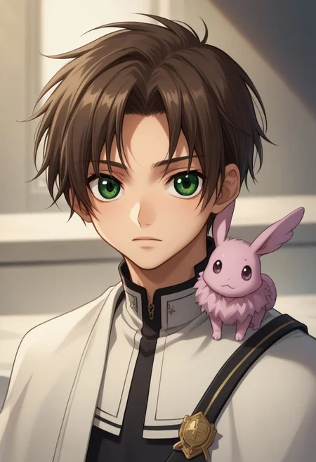 score_9, score_8_up, score_7_up, source_anime, 
teito, 1boy, male focus, green eyes, brown hair, upper body, looking at viewer, creature, pia (creature), animal, animal on shoulder,
capelet, vest, white vest, long sleeves, collared vest, black pants
indoor, sit,