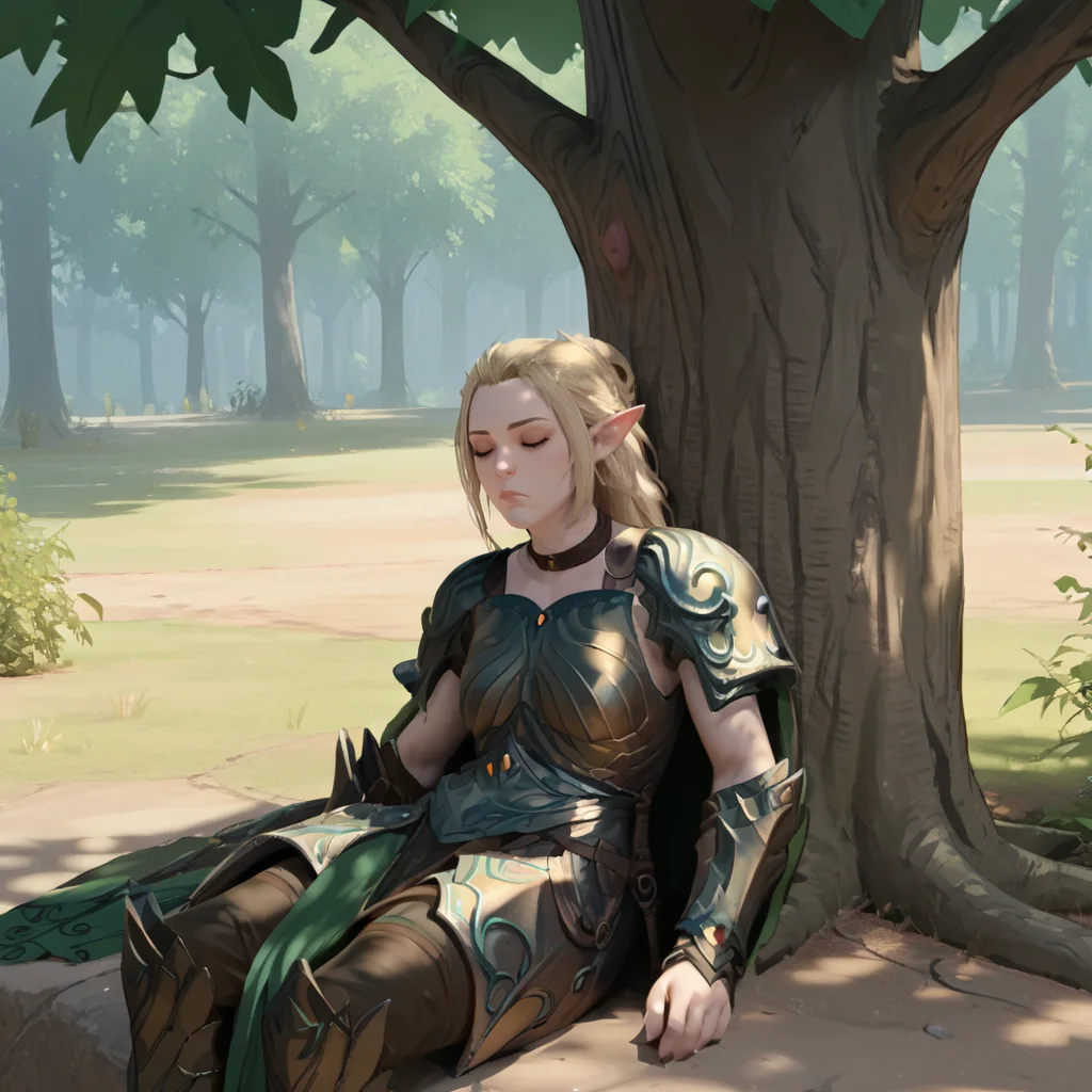 score_9, score_8_up, score_7_up, source_anime, rating_explicit, expressiveh,
GladeCaptain, pointy ears, armor, 1girl, sitting under a tree, asleep, sleeping, peaceful, trees, sunlight, forest canopy,
<lora:Expressive_H:1> <lora:GladeCaptain_PonyXL:1>