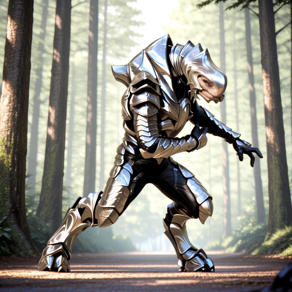 masterpiece, best quality,absurdres, highres, ArbiterH2v5, anthro, male, sangheili, reptile, grey scales, yellow reptilian eyes, black bodysuit, silver breastplate, silver pauldrons, silver gauntlets, silver greaves, silver helmet, closed mandibles, fighting stance, realistic, muscular, muscular male, solo, forest, full body, <lora:2276d0d3-8d97-4410-8183-b8a65f7ec9e7:1.0>