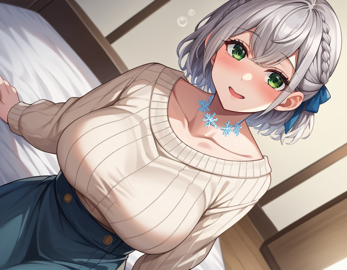 score_9, score_8_up, score_7_up, source_anime,
noelshirogane, <lora:noel-shirogane-ponyxl-lora-nochekaiser:1>,
shirogane noel, braid, french braid, green eyes, grey hair, hair ribbon, ribbon, short hair, snowflake choker, wavy hair, mole, mole on breast, mature female,
casual, collarbone, high-waist skirt, official alternate costume, official alternate hairstyle, sweater,
indoors, bed, bed room, on side, blush, drunk,
looking at viewer, cowboy shot, dutch angle,