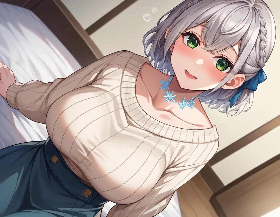 score_9, score_8_up, score_7_up, source_anime,
noelshirogane, <lora:noel-shirogane-ponyxl-lora-nochekaiser:1>,
shirogane noel, braid, french braid, green eyes, grey hair, hair ribbon, ribbon, short hair, snowflake choker, wavy hair, mole, mole on breast, mature female,
casual, collarbone, high-waist skirt, official alternate costume, official alternate hairstyle, sweater,
indoors, bed, bed room, on side, blush, drunk,
looking at viewer, cowboy shot, dutch angle,