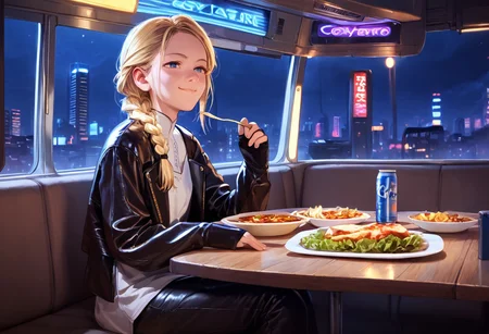 rV interior, recreational vehicle interior, anime coloring, score_9, score_8_up, score_7_up, score_6_up, 1girl Vaylin, solo, solo focus, blonde, braid, blue eyes, indoors, table, feast, dinner, single braid, white tunic, gold trim, black pants, zettai ryouiki, sleeves past fingers, solo, lips, night, denim, can, leather, bioluminescent, leather jacket, cyberpunk, city, vending machine, neon lights, general, smug,