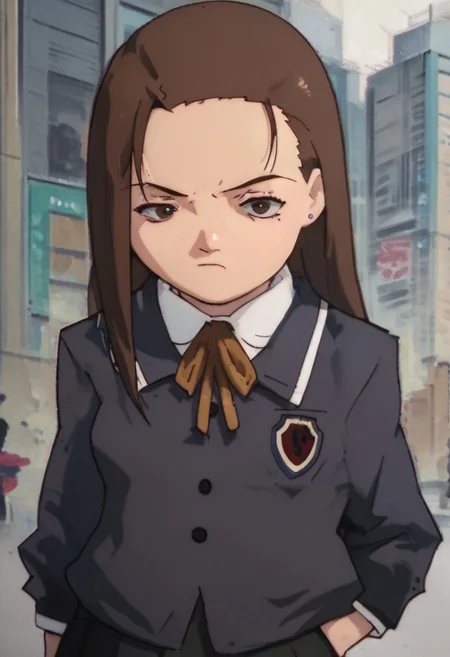 score_9, score_8_up, score_7_up, score_6, source_anime, iwakura mika, school uniform, chibi, bored, hand in pocket, shibuya street background