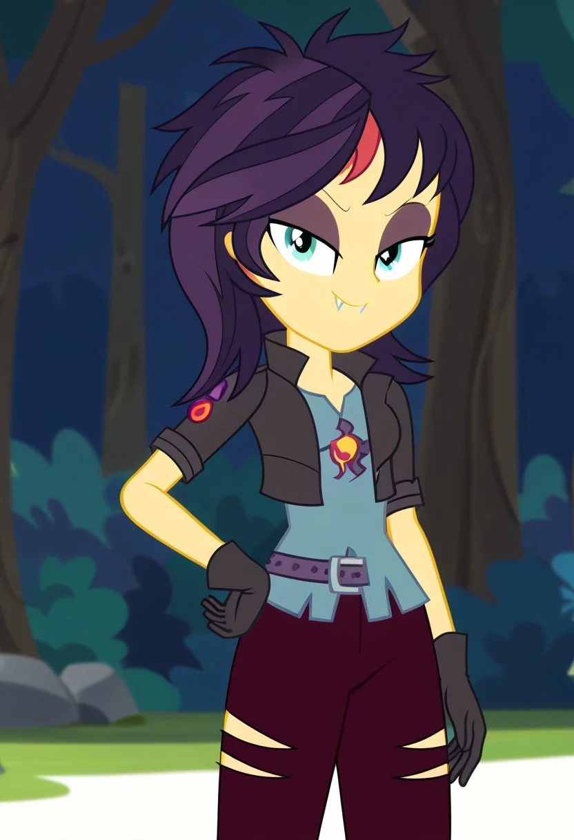 score_9, score_8_up, score_7_up BREAK Sunset Shimmer, cropped jacket, ripped pants, dark gloves, eyeshadow, short-sleeved jacket, dark red pants, looking at viewer, 1girl, posing, evil face, solo, grass, park, breasts, angry smile, teeth, petite body, bedroom eyes, seductive face, smiling, vampire fangs, vampire_shimmer_outfit, (flat shading, soft shading), ((equestria girls, show accurate:1.2))