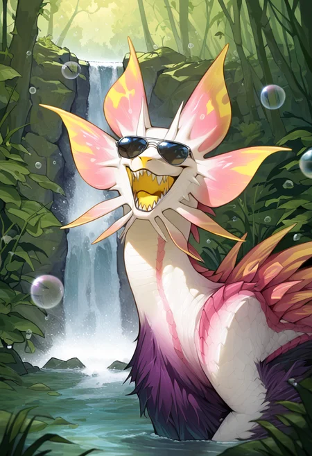 <lora:MH_Mizutsune_a1_7_NoobXL-eps:1>,<lora:EatSleep1111StyleSDXL11:0.7>,<lora:merrytailSDXLstyle:0.3>,eatsleep1111,merrytail,masterpiece,best quality,amazing quality,high quality,very aesthetic,absurdres,newest,shaded,digital media \(artwork\),depth of field,mhmitsu,solo,feral,detailed background,forest,yellow nose,waterfall,smirk,bubbles,yellow mouth,side view,headshot portrait,sunglasses,sharp teeth,white body,